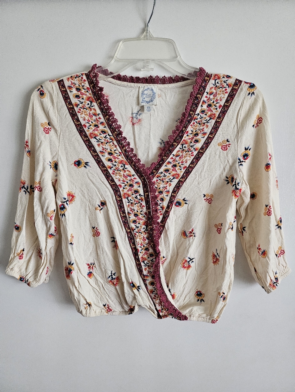 Blue Rain Peasant Boho Crochet Floral Faux Wrap Blouse Top Women's Sz XS XSmall